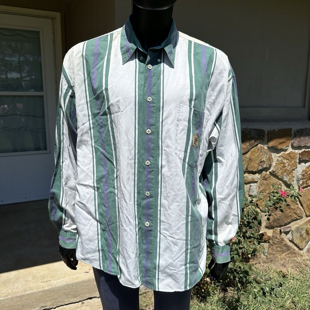 Vintage 90s Guess Shirt Mens Size XL‎ Color Block Striped Button Up Cotton White
